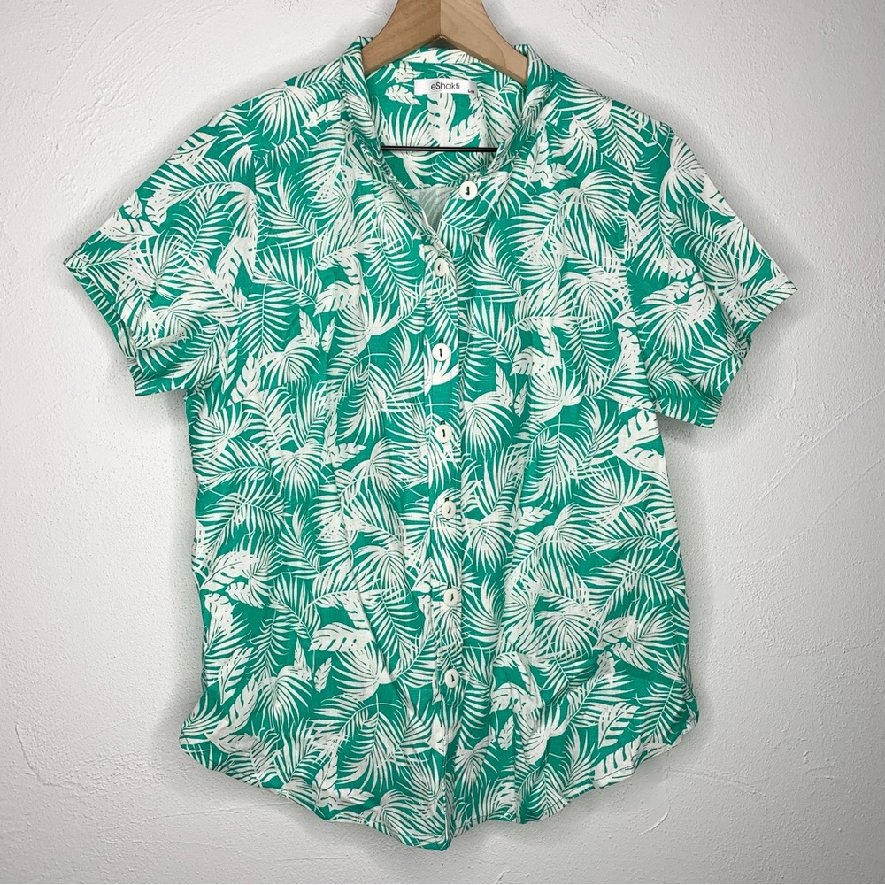 eShakti large Linen Blend Tropical Palm Button Down Shirt Aqua Mint Green